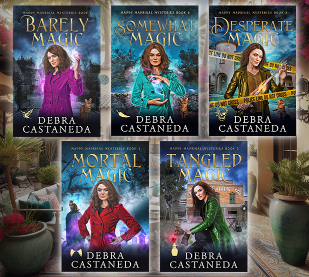Five of the books in the Maddy Madrigal Mysteries series